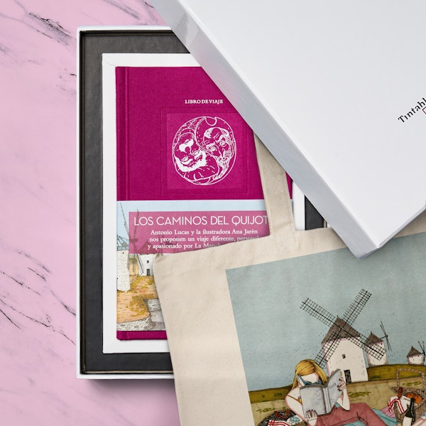Caja Blanca de LOS CAMINOS DEL QUIJOTE + bolsa de El Quijote y Dulcinea enamorados - Tintablanca